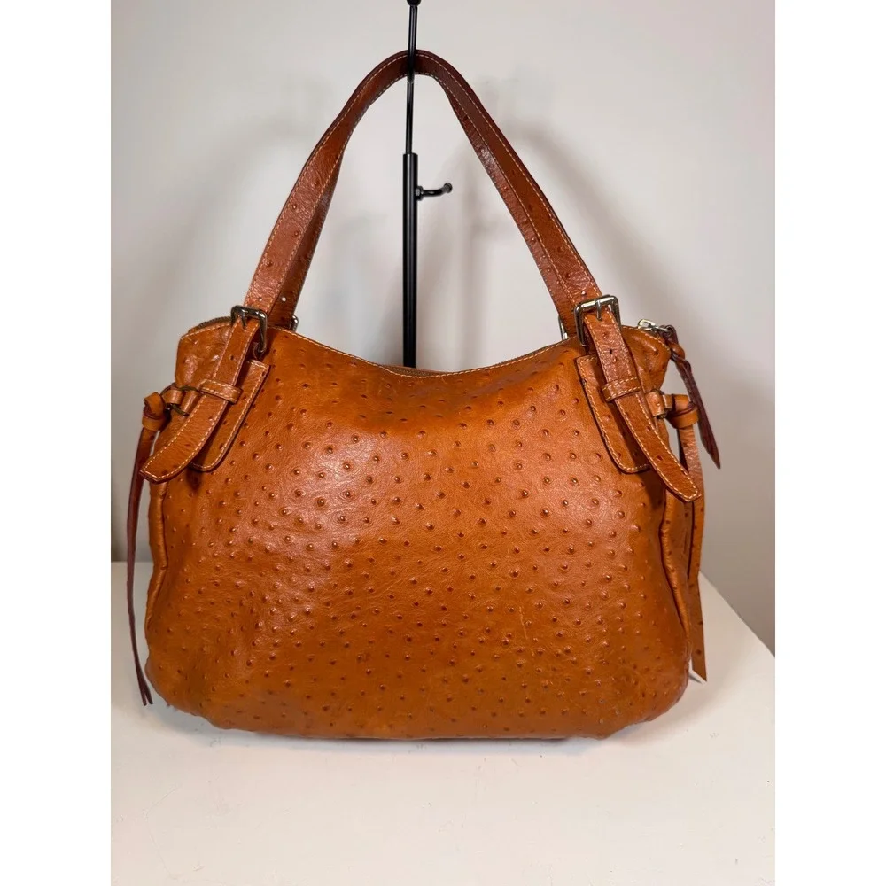 Dooney & Bourke Nina Ostrich Embossed Leather Hobo Bag Cognac Tan Shoulder Purse - Picture 2 of 11